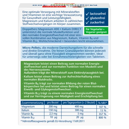 Abbildung der Produktverpackung Doppelherz aktiv Magnesium 400 + Kalium DIRECT Rückansicht